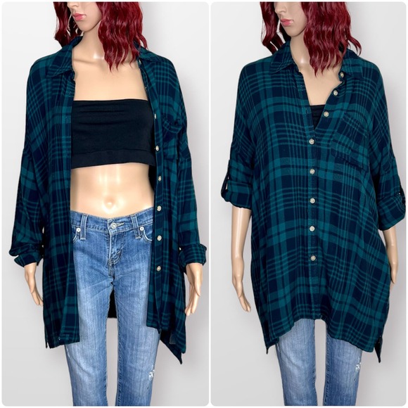 Entro Plaid Flannel Long Button Down Top Womens Small Green Black Pockets Tunic - Picture 11 of 11